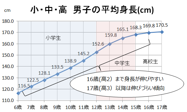 高校生男子の身長の伸び方グラフ